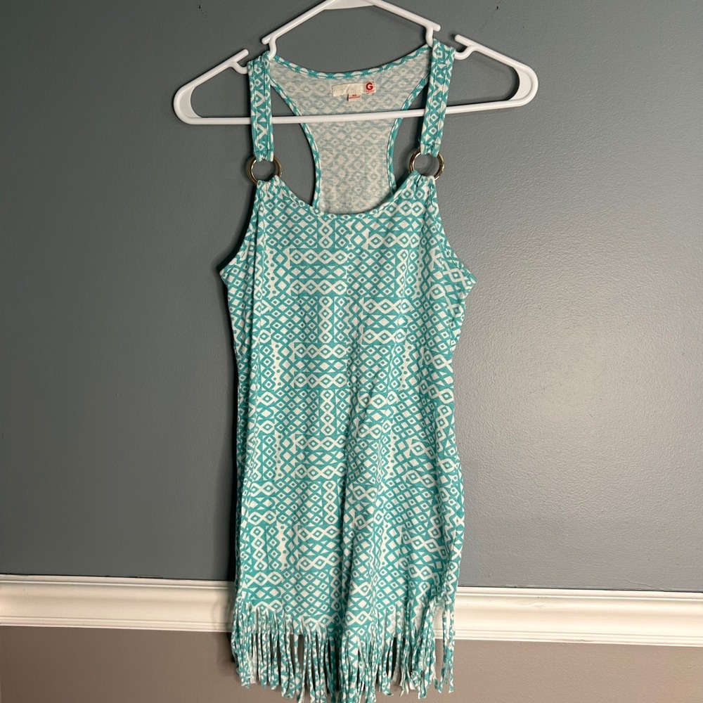 G by GUESS Teal Geometric Fringe Racerback Tank Top western fcostal cowgirl xs